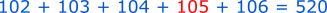 Suma numerelor 102, 103, 104, 105 și 106 este 520.