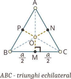 Triunghiul ABC este echilateral. Punctul O (intersecția mediatoarelor) este centrul cercului circumscris triunghiului; se află la o treime de latură și două treimi de vârf.