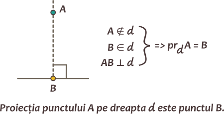 Ducem perpendiculara din punct pe dreaptă. Punctul de intersecție dintre această perpendiculară și dreapta dată se numește proiecția punctului pe dreaptă (se mai numește și piciorul perpendicularei din punct dat pe dreaptă).