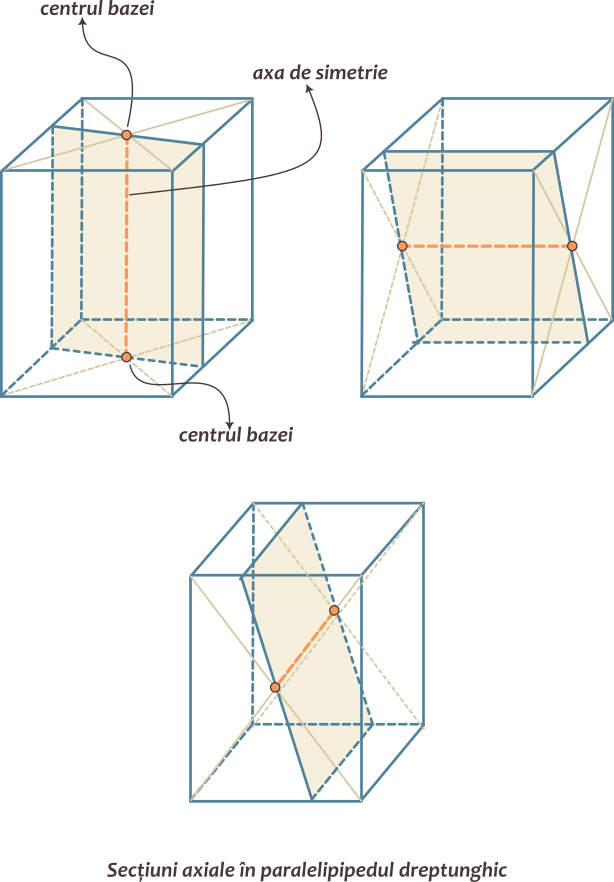 Paralelipipedul dreptunghic - are 3 axe de simetrie, determinate de centrele a două fețe opuse; admite o infinitate de secțiuni axiale; secțiunile axiale sunt dreptunghiuri.