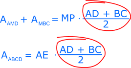 Semisuma bazelor trapezului ABCD apare și la aria trapezului, și la suma ariilor triunghiurilor AMD și MBC