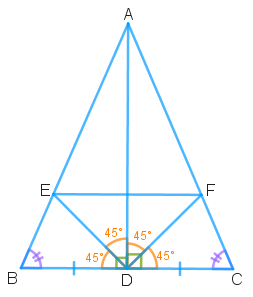 Fie triunghiul isoscel ABC cu AB congruent cu AC și AD mediana corespunzătoare bazei triunghiului, unde punctul D aparține laturii BC. Segmentele DE și DF sunt bisectoarele unghiurilor ADB și ADC, unde E aparține laturii AB, iar F aparține laturii AC. Să arătăm că triunghiul EDF este dreptunghic isoscel.