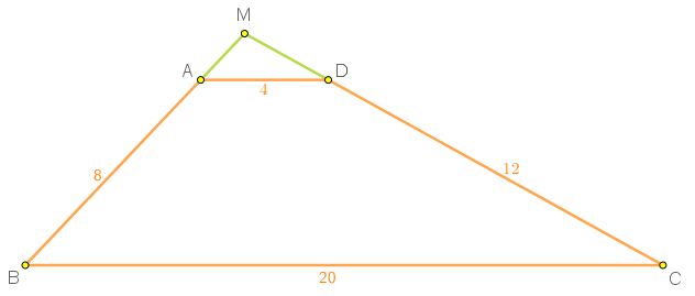 Fie ABCD un trapez. Prelungirile laturilor AB și CD se intersectează în punctul M. Știind că lungimile laturilor AB, BC, CD și AD sunt 8 cm, 20 cm, 12 cm respectiv 4 cm, să se calculeze perimetrul triunghiului MBC. 
