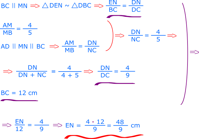 Triunghiurile DEN și DBC sunt asemenea; folosim proprietățile proporțiilor derivate (păstrăm numărătorii și adunăm numărătorii la numitori; obținem două rapoarte egale).