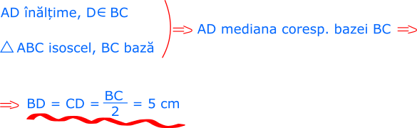 Într-un triunghi isoscel, înălțimea corespunzătoare bazei este în același timp bisectoare pentru unghiul de la vârful triunghiului isoscel, mediană și mediatoare pentru baza triunghiului.