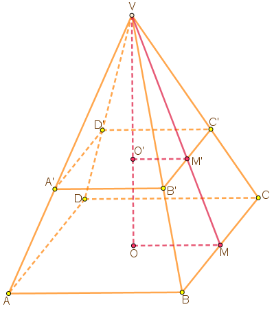 Calculăm lungimea înălțimii VO' a piramidei VA'B'C'D'.