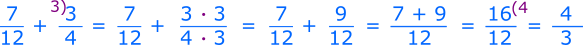 Fracțiile pe care trebuie să le adunăm au numitorii 12 și 4; observăm că 12 este numitorul comun, pentru că el este un multiplu comun al numitorilor 12 și 4. Aducem fracțiile la același numitor (12). Prima fracție rămâne așa cum este; amplificăm a doua fracție cu 3.