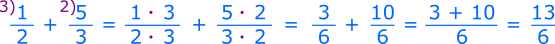 Amplificăm prima fracție cu 3, iar pe a doua cu 2. A amplifica o fracție cu un număr înseamnă a înmulți atât numitorul, cât și numărătorul fracției cu numărul respectiv; se obține o fracție echivalentă (egală) cu fracția dată. Adunăm numărătorii și păstrăm numitorul comun.
