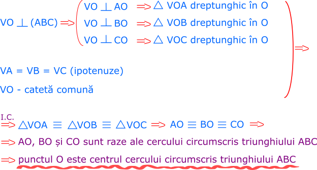 VO este perpendicular pe planul triunghiului (ABC), deci este perpendicular pe AO, BO și CO. Înseamnă că triunghiurile VOA, VOB și VOC sunt dreptunghice în O. Ele au o catetă comună (cateta VO) și ipotenuzele congruente (muchiile piramidei sunt ipotenuze în triunghiurile dreptunghice VOA, VOB și VOC și sunt congruente - știm din ipoteză). Înseamnă că cele trei triunghiuri sunt congruente (cazul ipotenuză-catetă). Rezultă că AO, BO și CO sunt congruente.