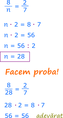 Scriem condiția ca cele două fracții să fie echivalente. Obținem că 2 înmulțit cu n este egal cu 56, adică n este egal cu 28.