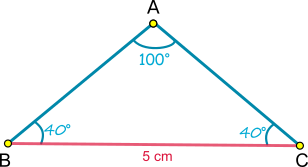 Desenăm mai întâi un segment BC de 5 cm, care va fi baza triunghiului isoscel.