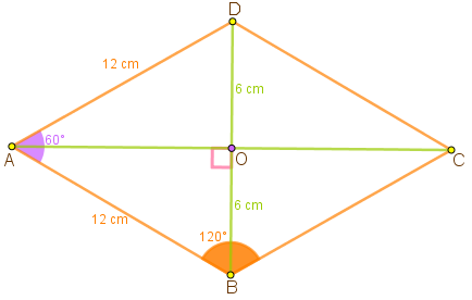 Măsura unghiului ABC este 120°, deci măsura unghiului DAB este de 60° (unghiurile alăturate sunt suplementare, adică suma lor este 180°). Laturile rombului sunt egale, deci triunghiul DAB este isoscel, cu AD egal cu AB. Triunghiul isoscel care are un unghi de 60° este triunghi echilateral. Rezultă că triunghiul DAB este echilateral, deci are toate laturile egale. Înseamnă că BD este egal cu AB. Rezultă că lungimea lui BD este de 12 cm.
