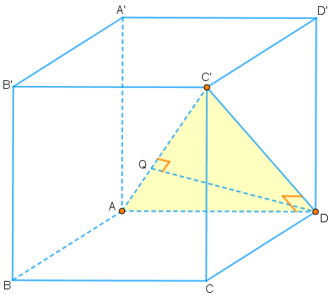 Să se demonstreze că într-un cub ABCDA'B'C'D' perpendiculara din D pe diagonala AC' o taie pe aceasta într-un punct Q, astfel încât AQ este o treime din AC'.