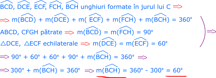 Unghiurile BCD, DCE, ECF, FCH, BCH sunt formate în jurul punctului C; suma măsurilor lor este de 360°. 