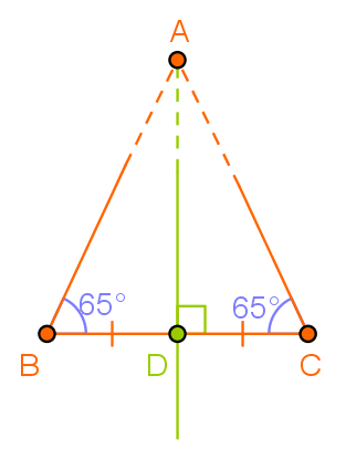 Punctul A se află la intersecţia laturilor necomune ale unghiurilor ACB şi ABC; punctul A se află şi pe mediatoarea bazei triunghiului.